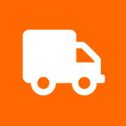 White truck icon on orange background.